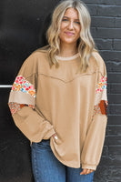 Khaki Exposed Seam Floral Mixed Patchwork Plus Size Top
