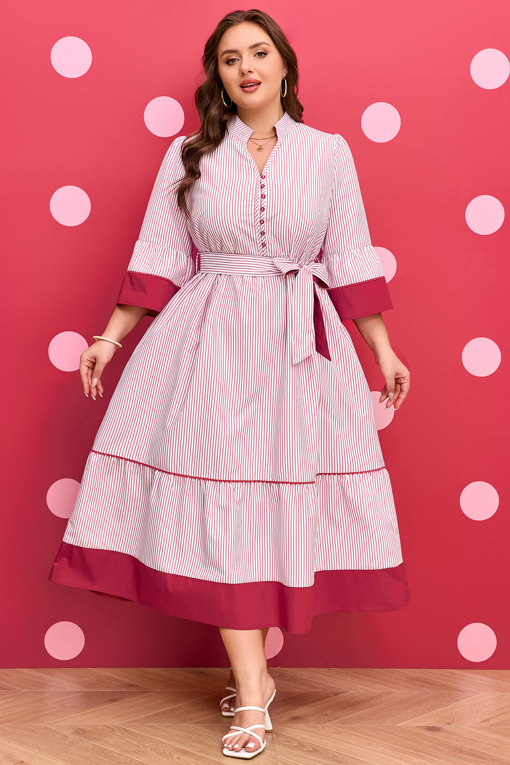 Red Stripe Ruffled Pinstriped Midi Dress