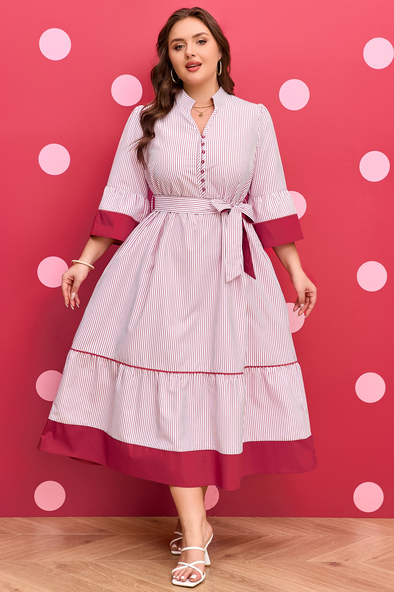 Red Stripe Ruffled Pinstriped Midi Dress