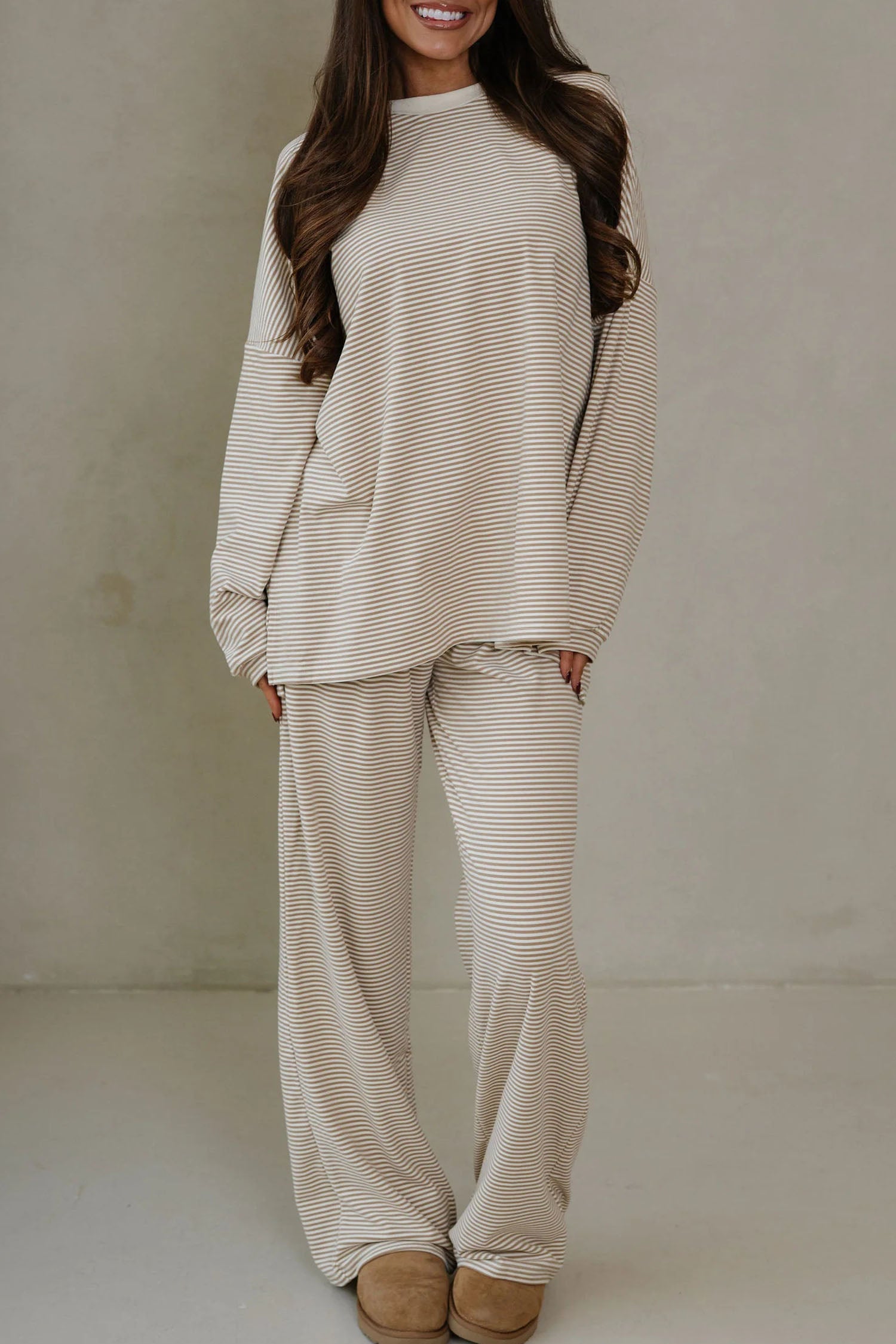 Pink Striped Drop Shoulder Long Sleeve Top and Pant Set