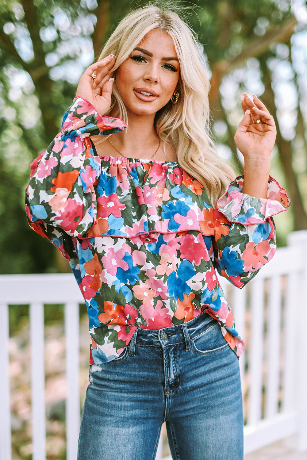 Bohemian Floral Ruffle Off Shoulder Blouse