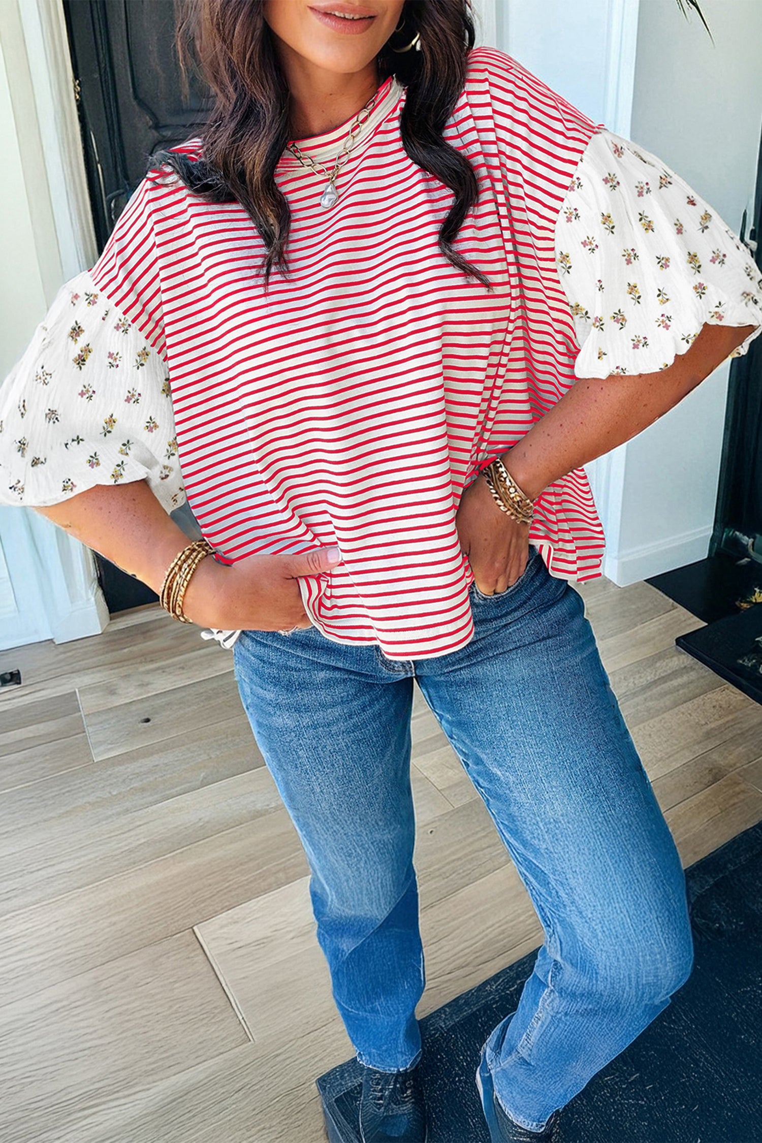 Red Stripe Floral Puff Sleeve Top