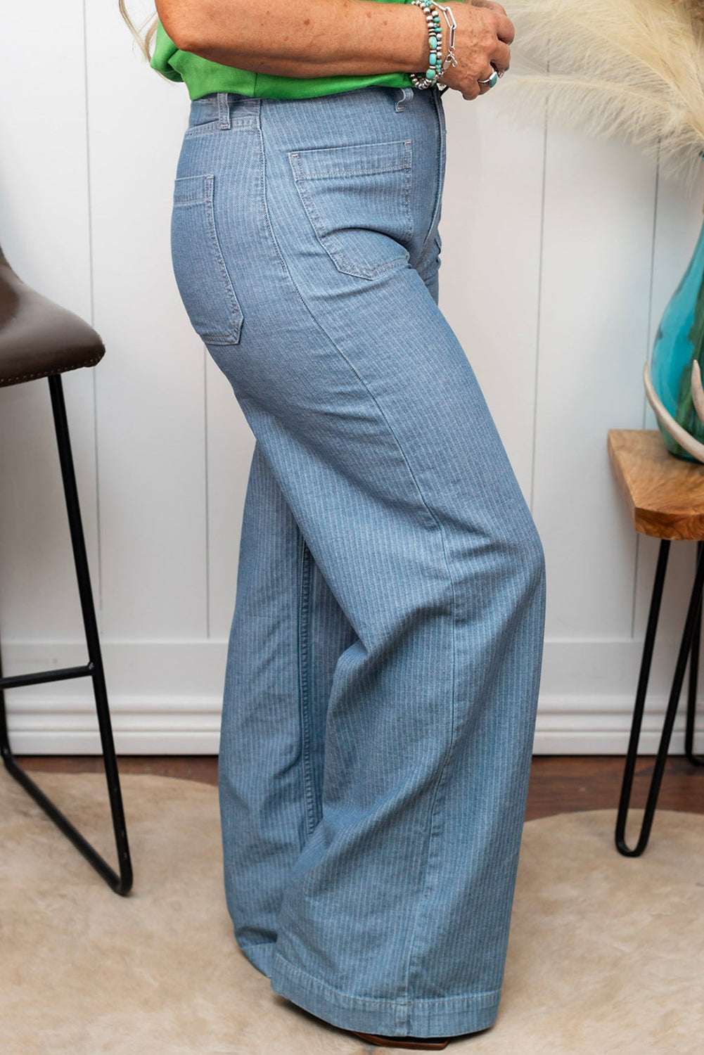 Dusk Blue Patched Pocket Textured Wide Leg Jeans
