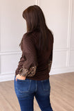 Brown Top with Leopard Puff Sleeve: Brown / Small
