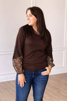 Brown Top with Leopard Puff Sleeve: Brown / Small