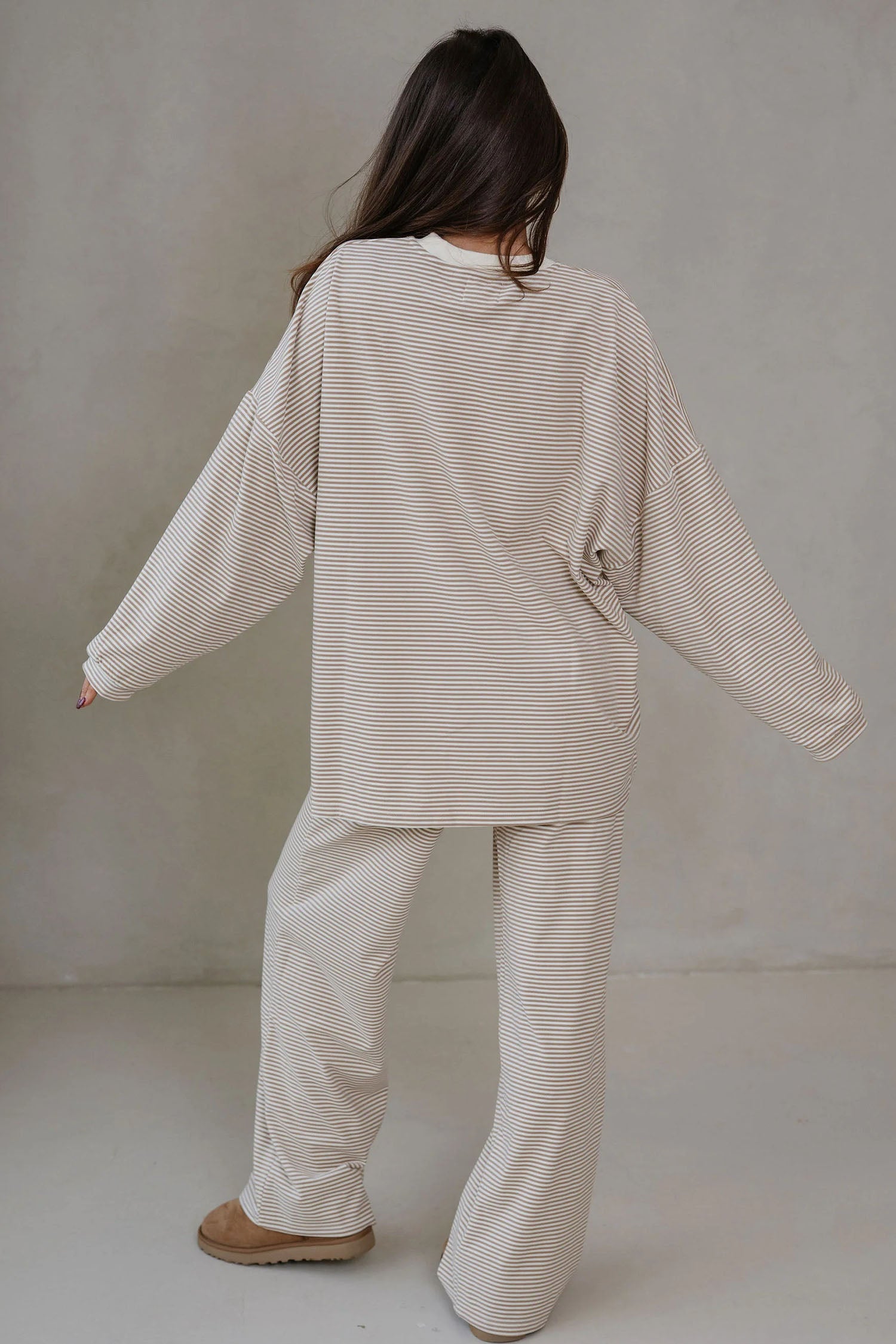 Pink Striped Drop Shoulder Long Sleeve Top and Pant Set