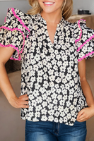 Contrast Layered Ruffle Sleeve Floral Blouse (S-XL): Pink / Missy / S