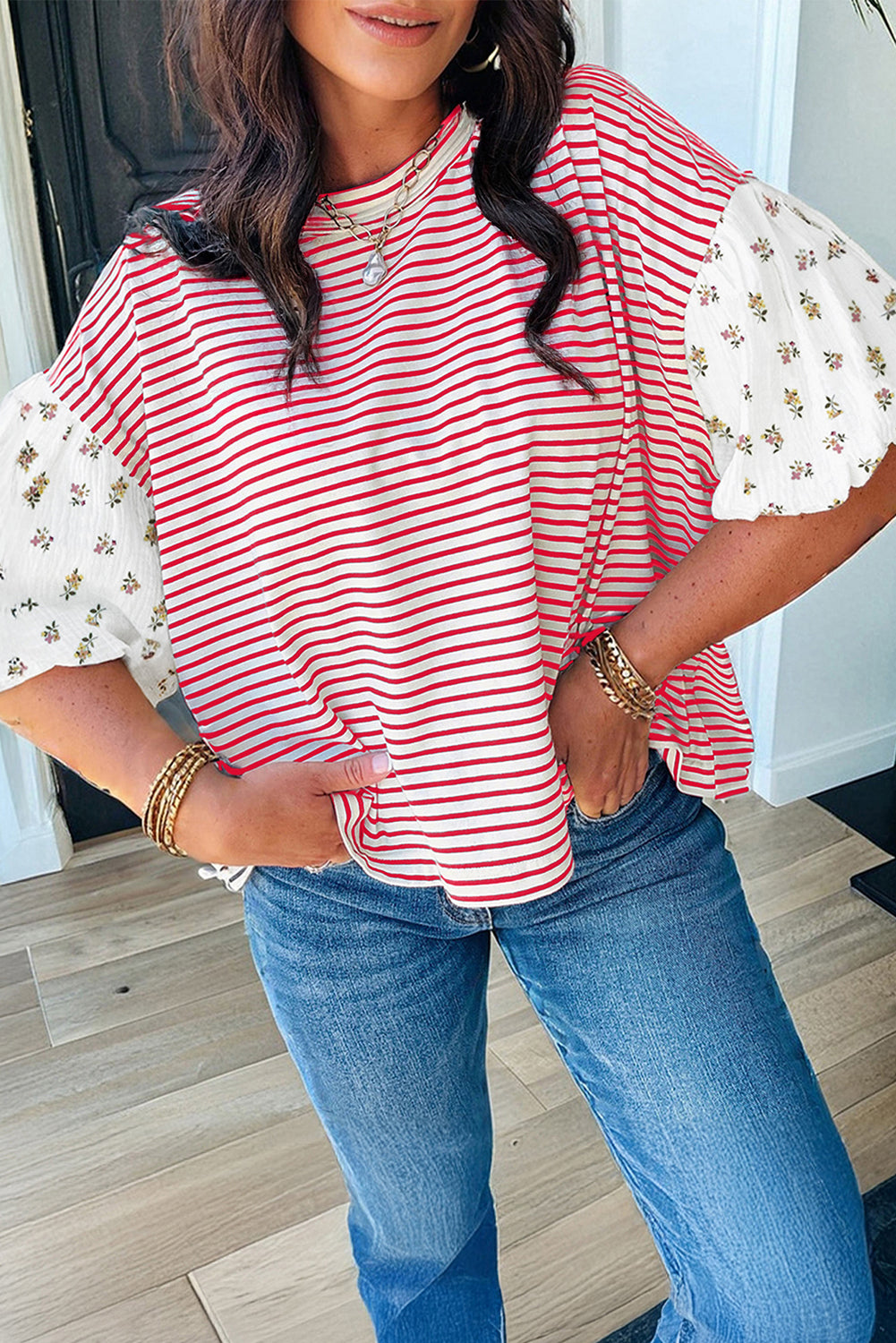 Red Stripe Floral Puff Sleeve Top