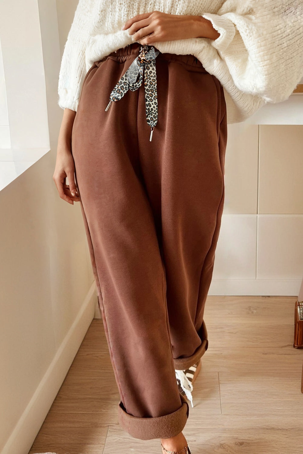 Coffee Leopard Drawstring Winter Fleece Pants