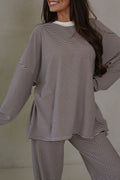 Pink Striped Drop Shoulder Long Sleeve Top and Pant Set