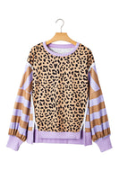Leopard Striped Patchwork Plus Size Loose Sweatshirt (S-4X): Brown