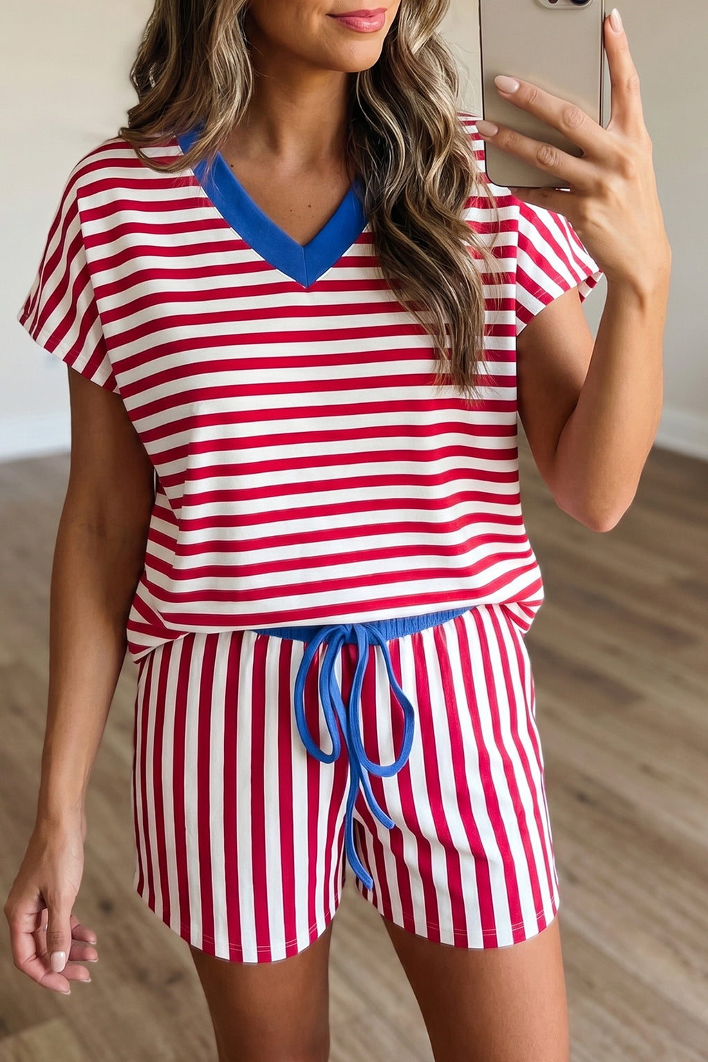 Pink Stripe Colorblock Tee Drawstring Elastic Waist Short Set