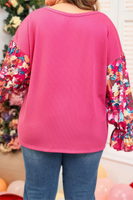 Fall Floral Patchwork Ruffled Sleeve Ribbed Knit Top (S-4X): Pink
