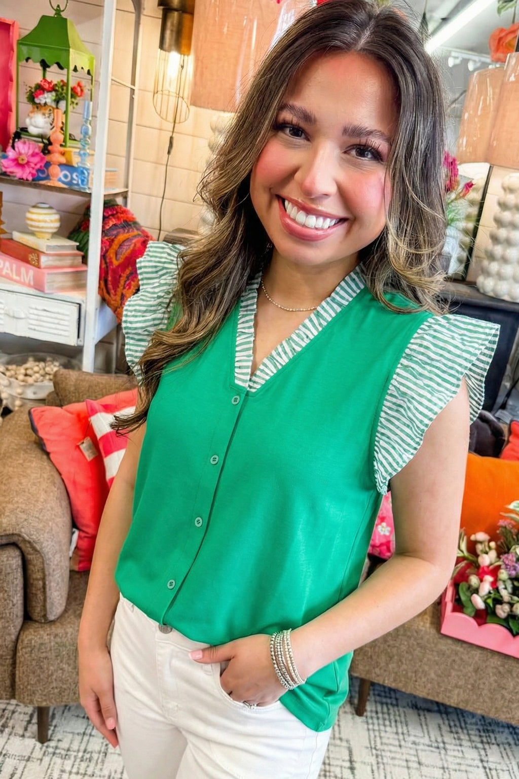 Dark Green Plus Size Flutter Sleeve Blouse