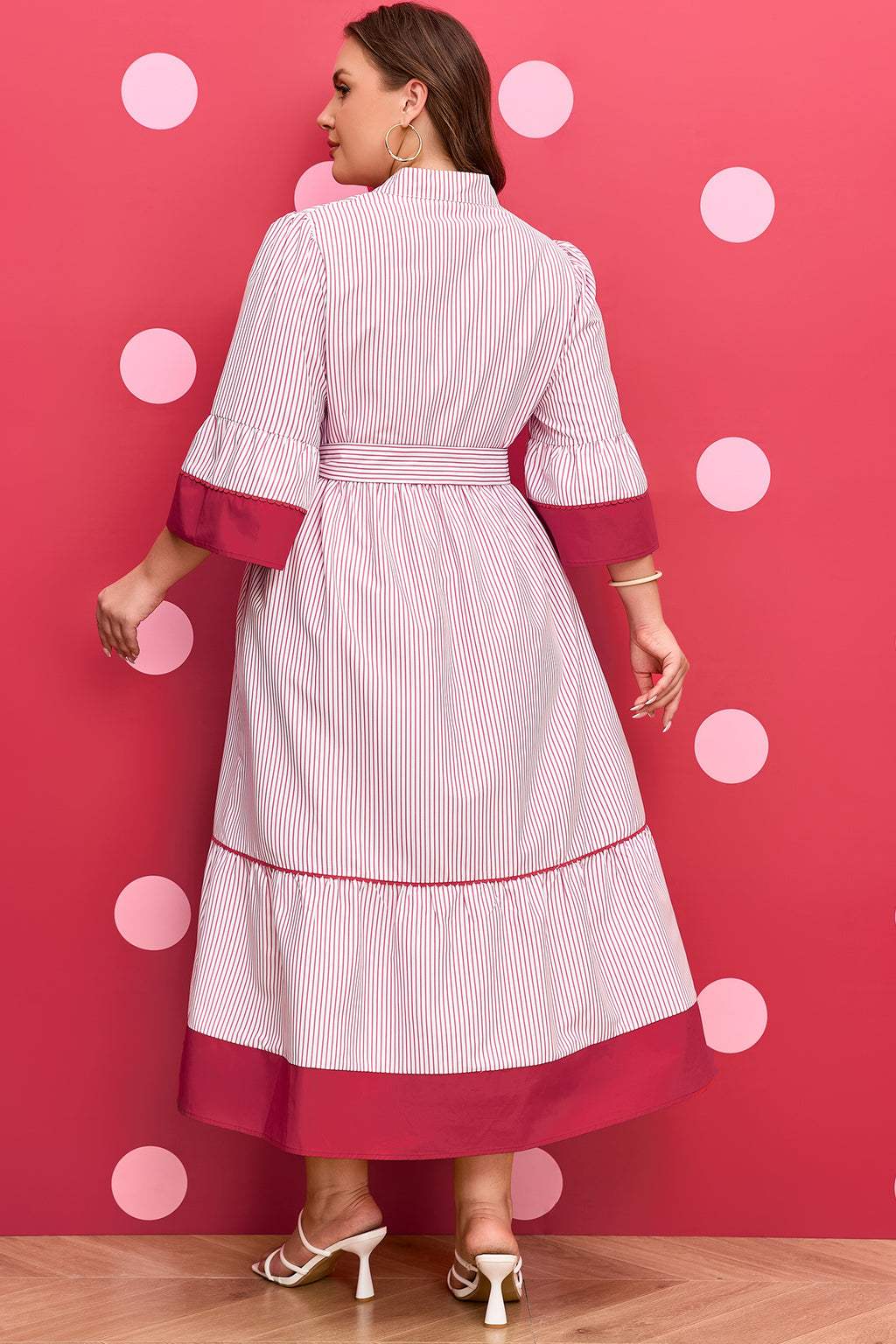Red Stripe Ruffled Pinstriped Midi Dress