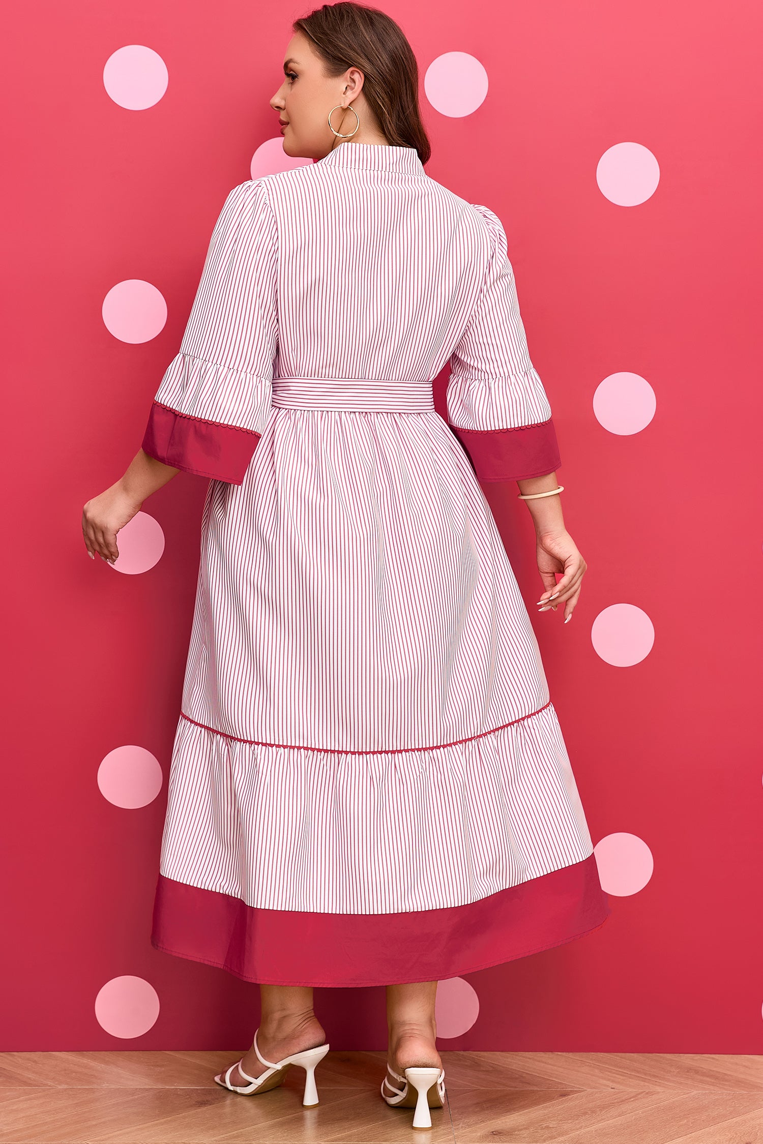 Red Stripe Ruffled Pinstriped Midi Dress