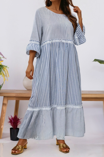 Fall 2025 Stripe Crisscross Lace Patch Shift Dress(S-4X): Blue / Plus Size