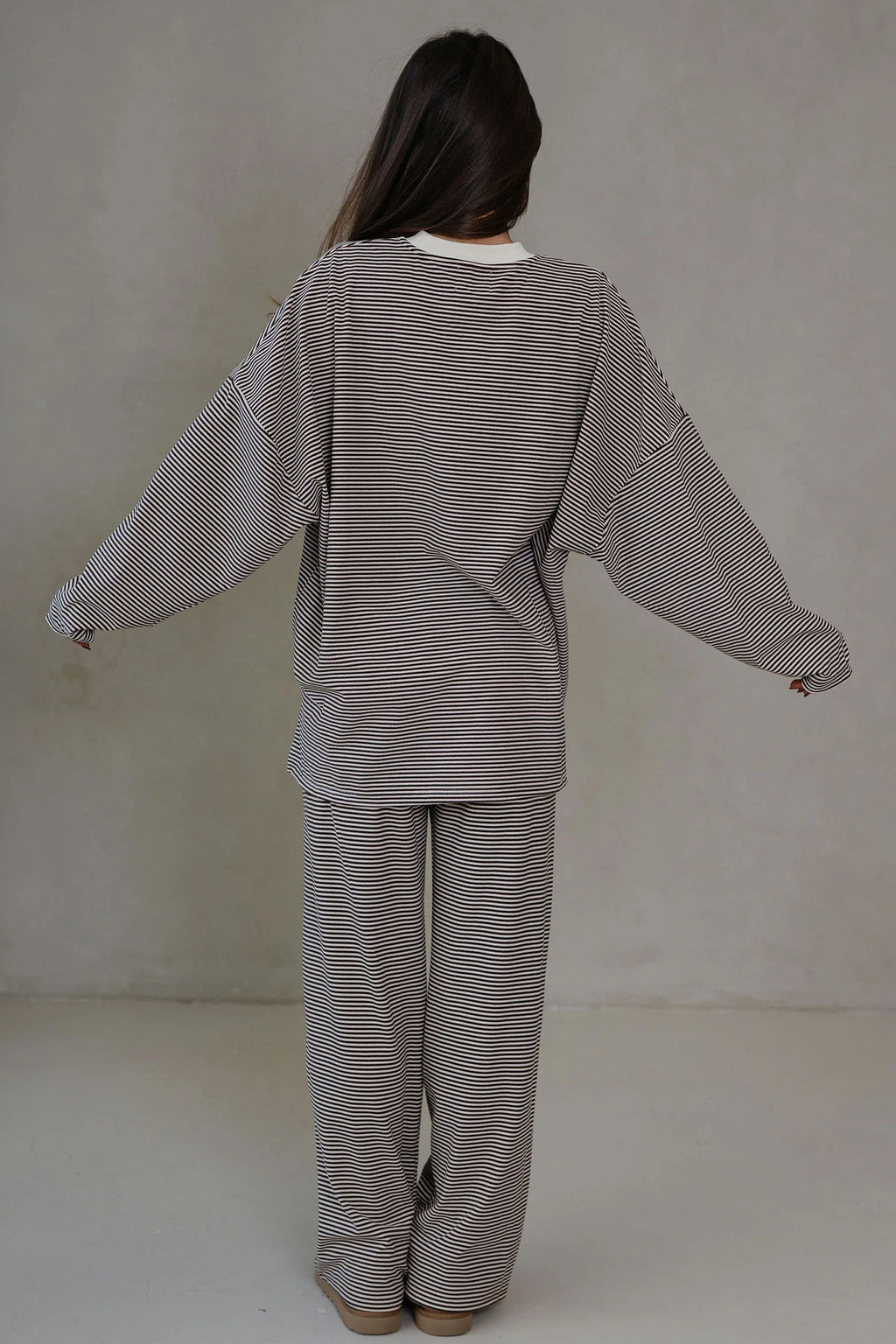 Pink Striped Drop Shoulder Long Sleeve Top and Pant Set