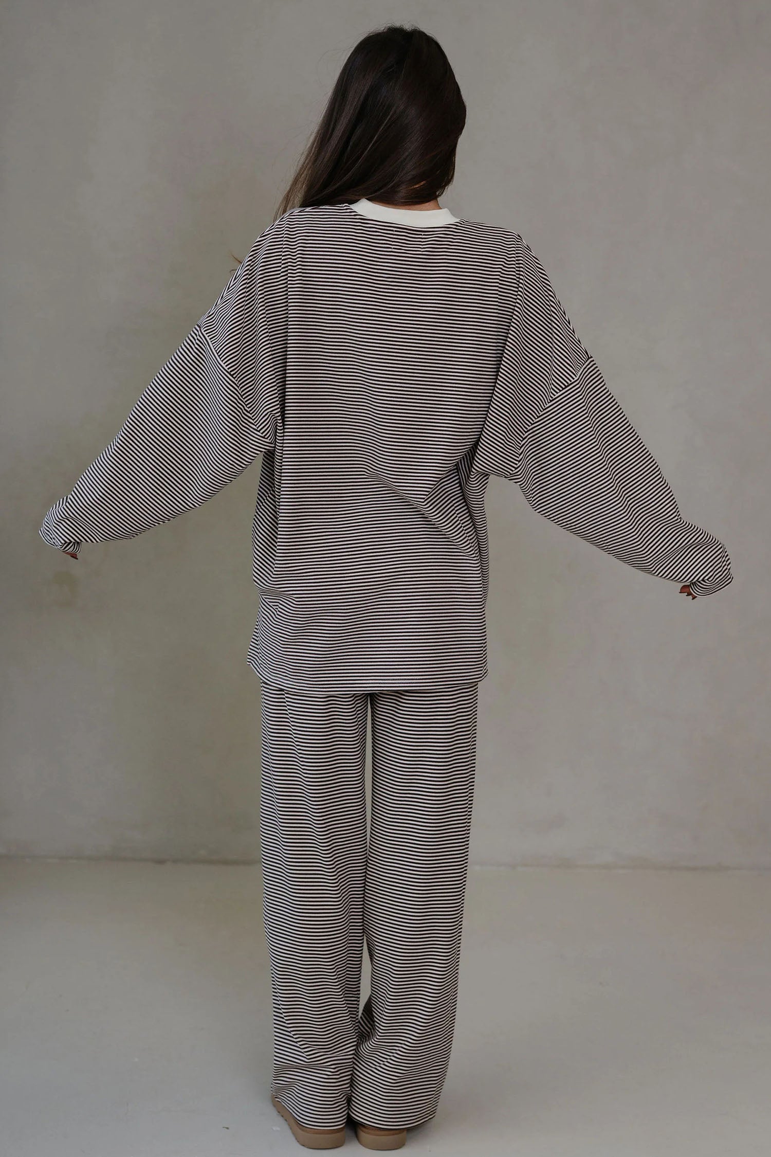 Pink Striped Drop Shoulder Long Sleeve Top and Pant Set
