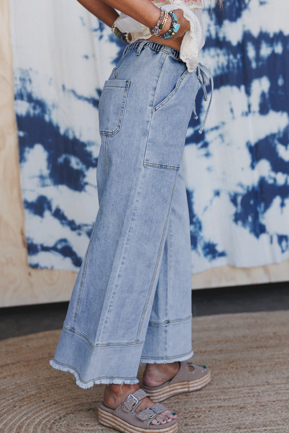 Beau Blue Drawstring Raw Hem Wide Leg Jeans