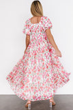 Pink Floral Puff Sleeve Tiered Maxi Dress