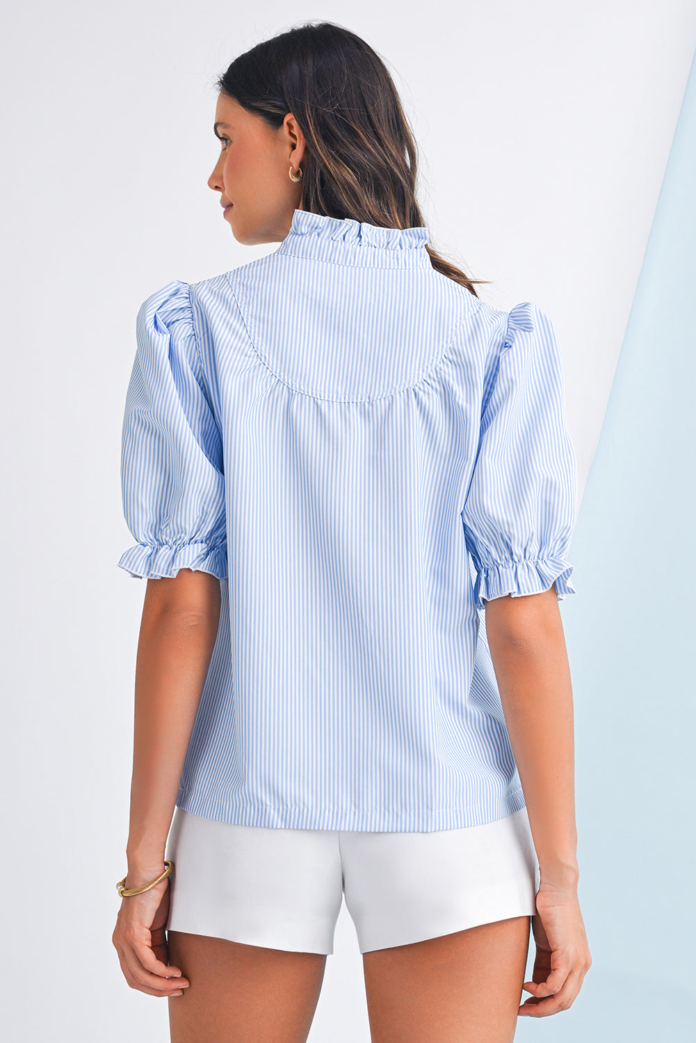 Sky Blue Striped Frill Blouse