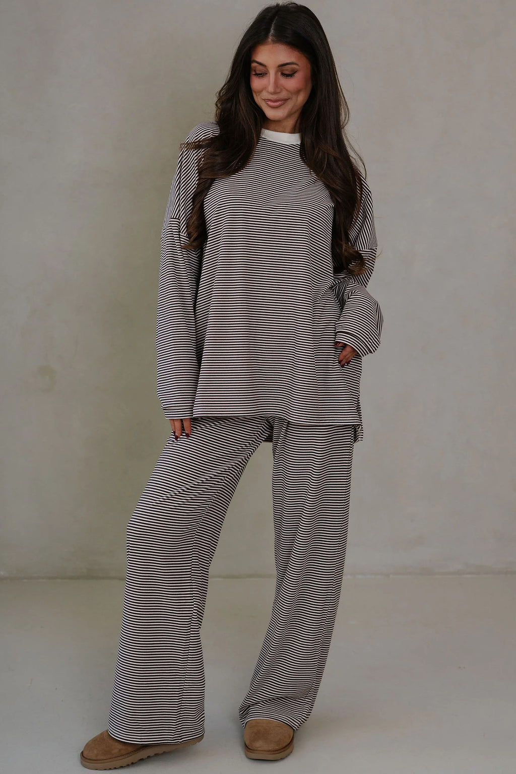 Pink Striped Drop Shoulder Long Sleeve Top and Pant Set