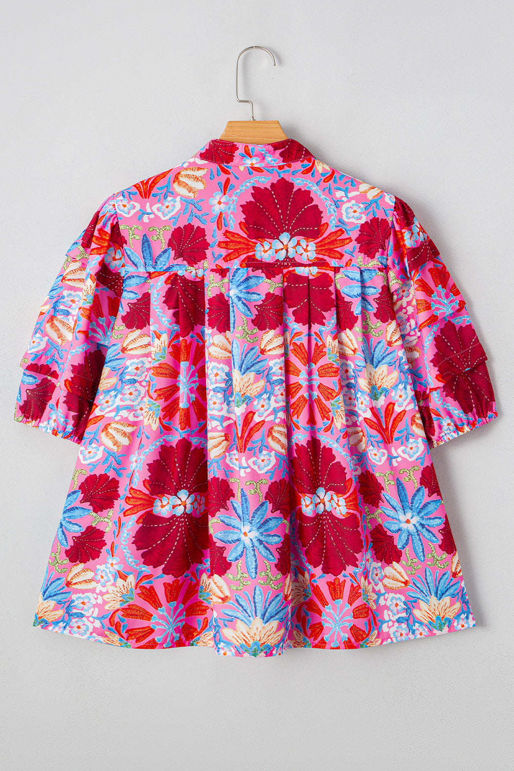 Pink Floral Bubble Sleeve Shirt
