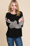 ETK-8180 Animal Print Solid Jersey Casual Top: Black/Ivory / Medium