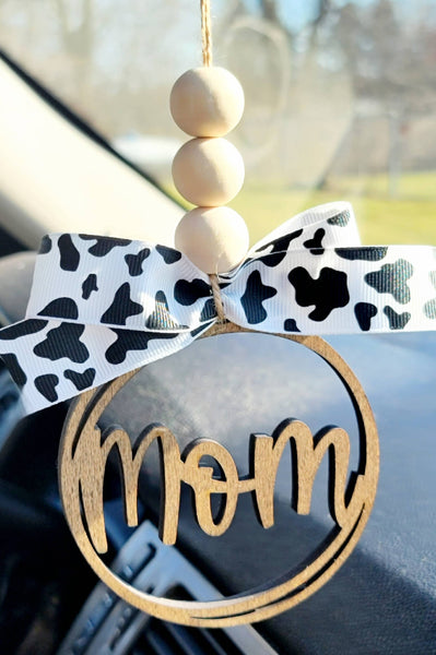Mom Car Charm Ornament Bag Charm: Black/White Plaid
