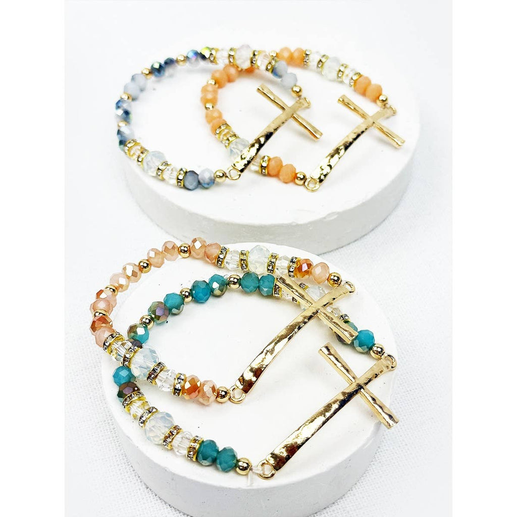 Hammered Cross Bead Stretch Bracelet: MIX COLOR / ONE(12)