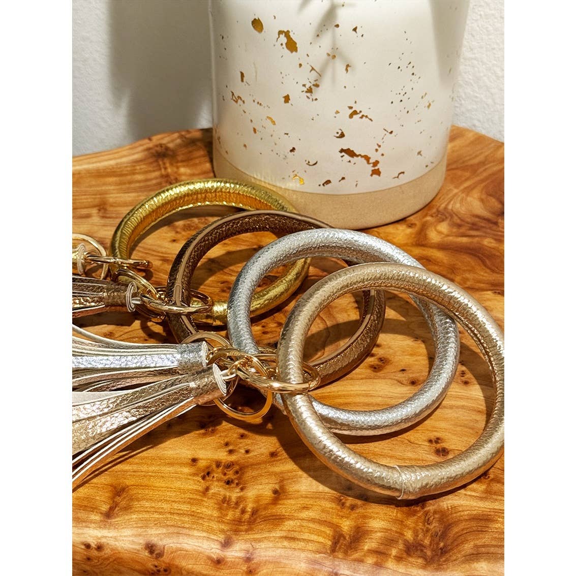 Metallic PU Leather Wristlet Bangle Key Chain: GOLD / ONE(6)