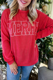 Twisted Rib Outlined Merry Letter Graphic christma Top(S-4X): Green / S