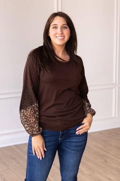 Brown Top with Leopard Puff Sleeve: Brown / Small