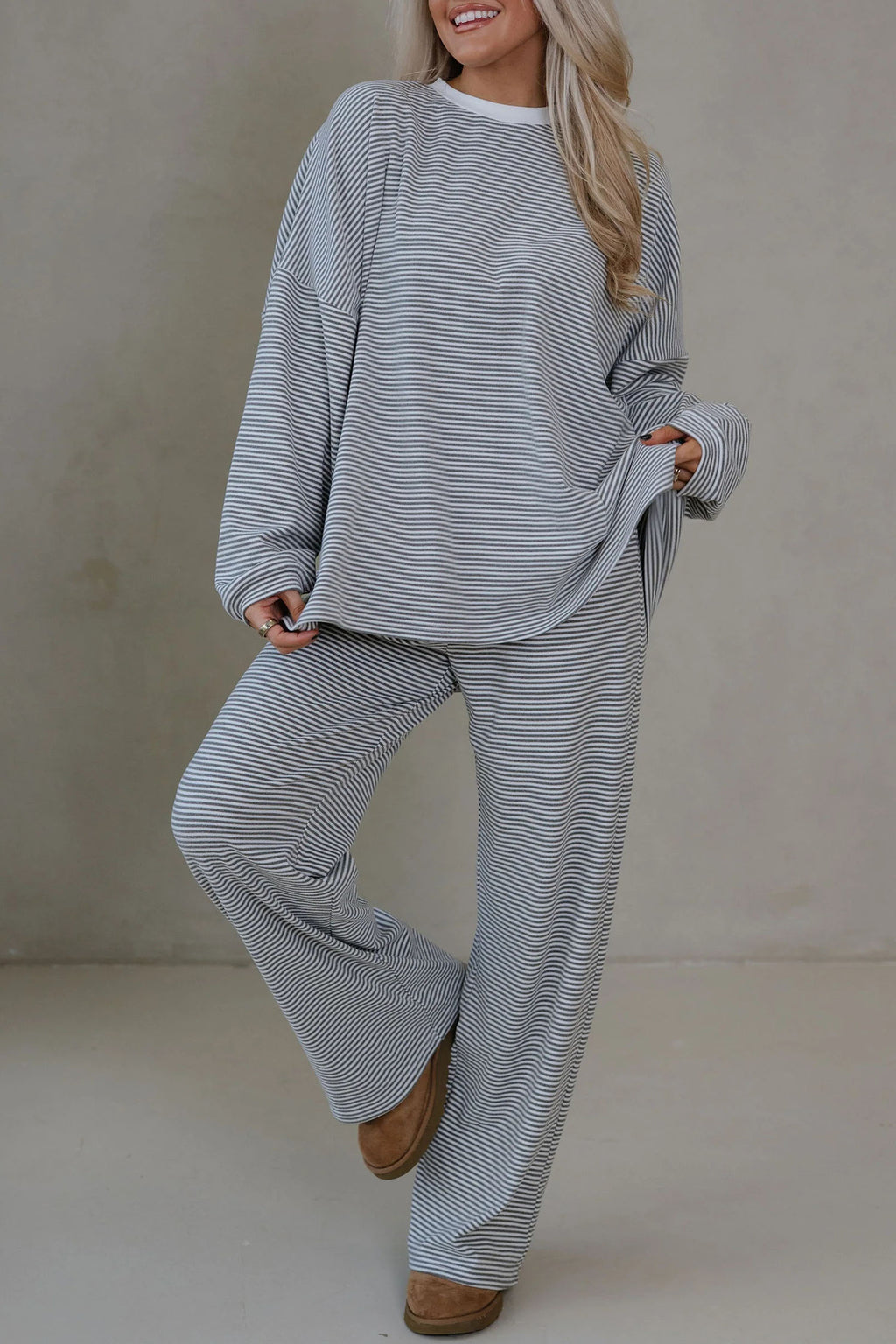 Pink Striped Drop Shoulder Long Sleeve Top and Pant Set