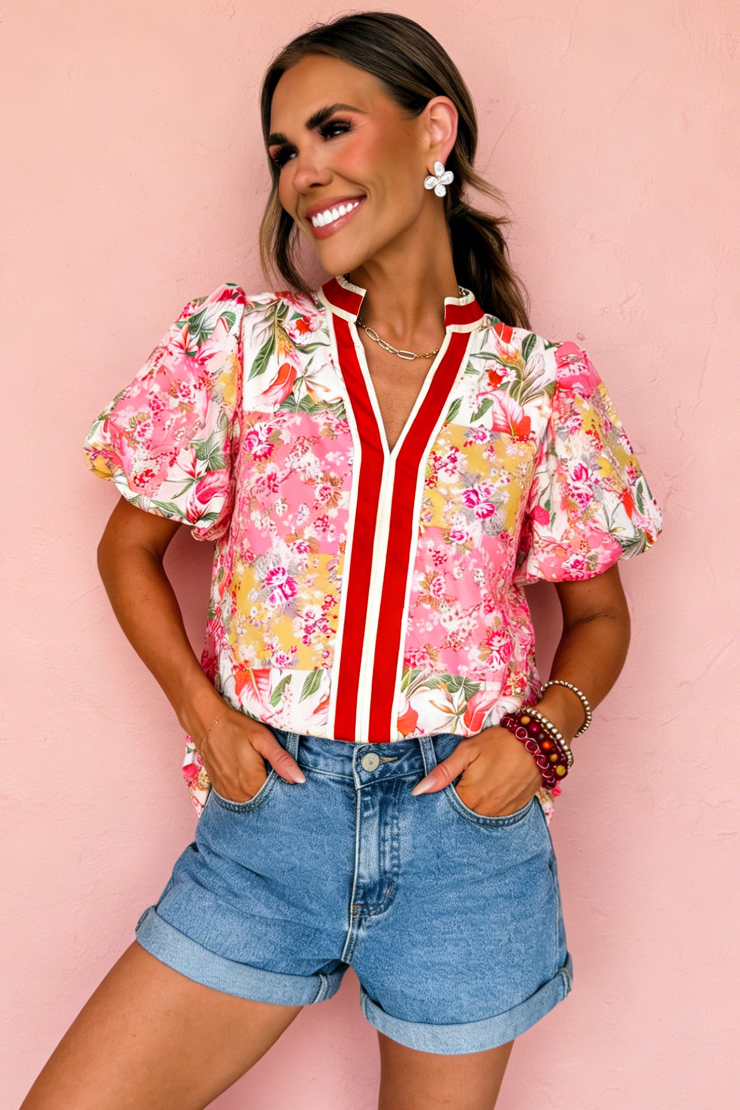 Pink V Neck Short Sleeve Floral Blouse