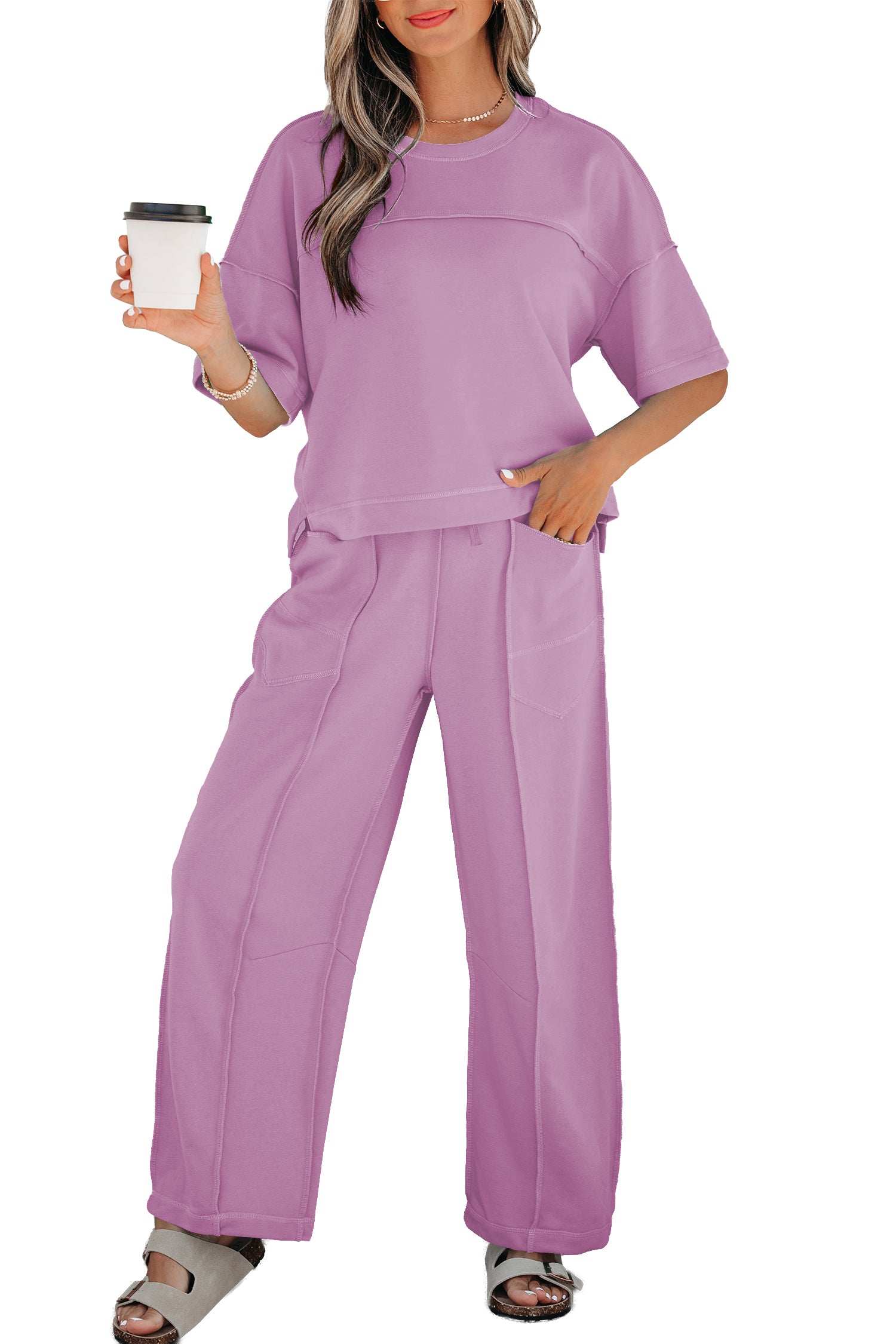 Rose Red Drop Shoulder Boxy Tee and Barrel Pants Set