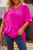 Plus Size Seamed Back High Low Hem V Neck Cuffed Sleeve Tee: Green / Plus Size / 4X