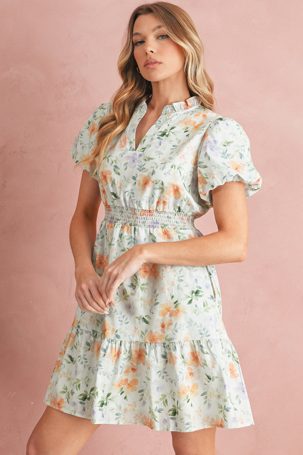 Beige Floral Smocked High Waist Puff Sleeve Mini Dress