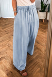 Sky Blue Stripe Chambray Wide Leg Tied Elastic Waist Trousers