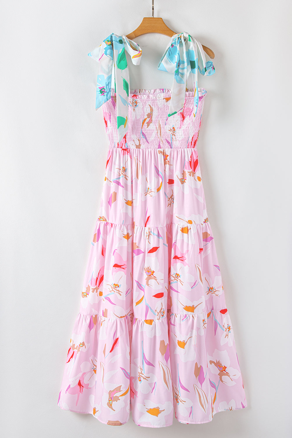 Pink Floral Knotted Shoulder Smocked Maxi Dress