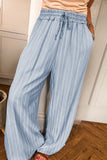 Sky Blue Stripe Chambray Wide Leg Tied Elastic Waist Trousers