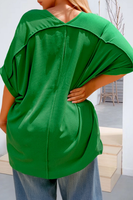 Plus Size Seamed Back High Low Hem V Neck Cuffed Sleeve Tee: Green / Plus Size / 4X
