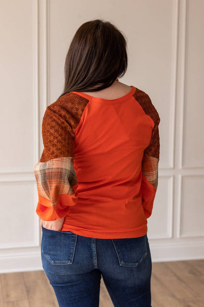 So Confident Orange Plaid & Glitter Sleeve Top: Orange / X-Small