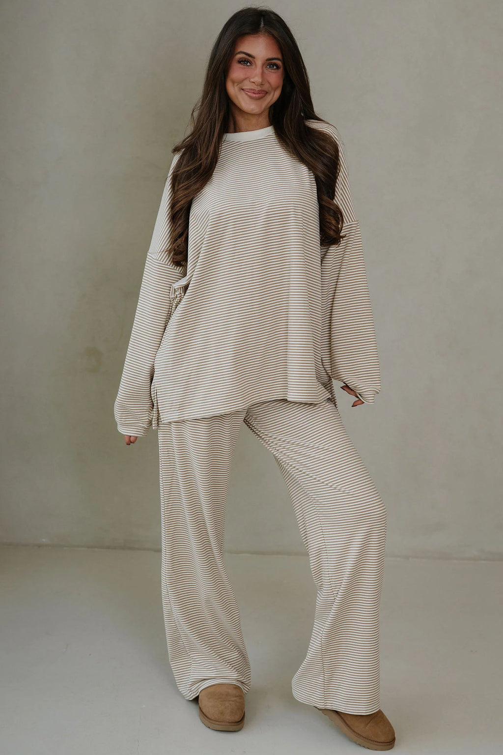 Pink Striped Drop Shoulder Long Sleeve Top and Pant Set