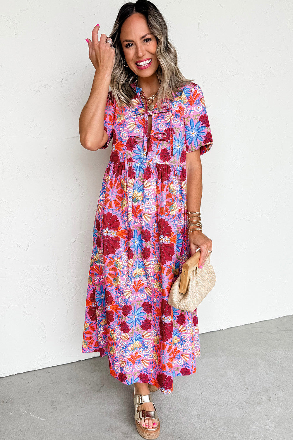 Rose Floral Print Tie Front Midi Dress