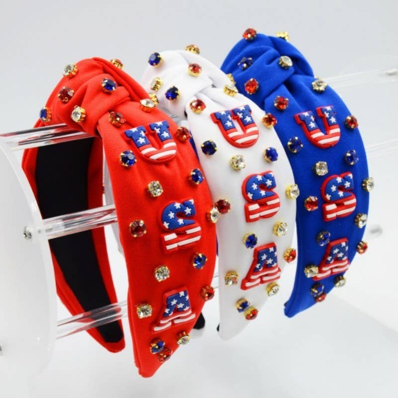 4TH OF JULY USA RHINESTONE STUD HEADBAND | 40HB164: Red