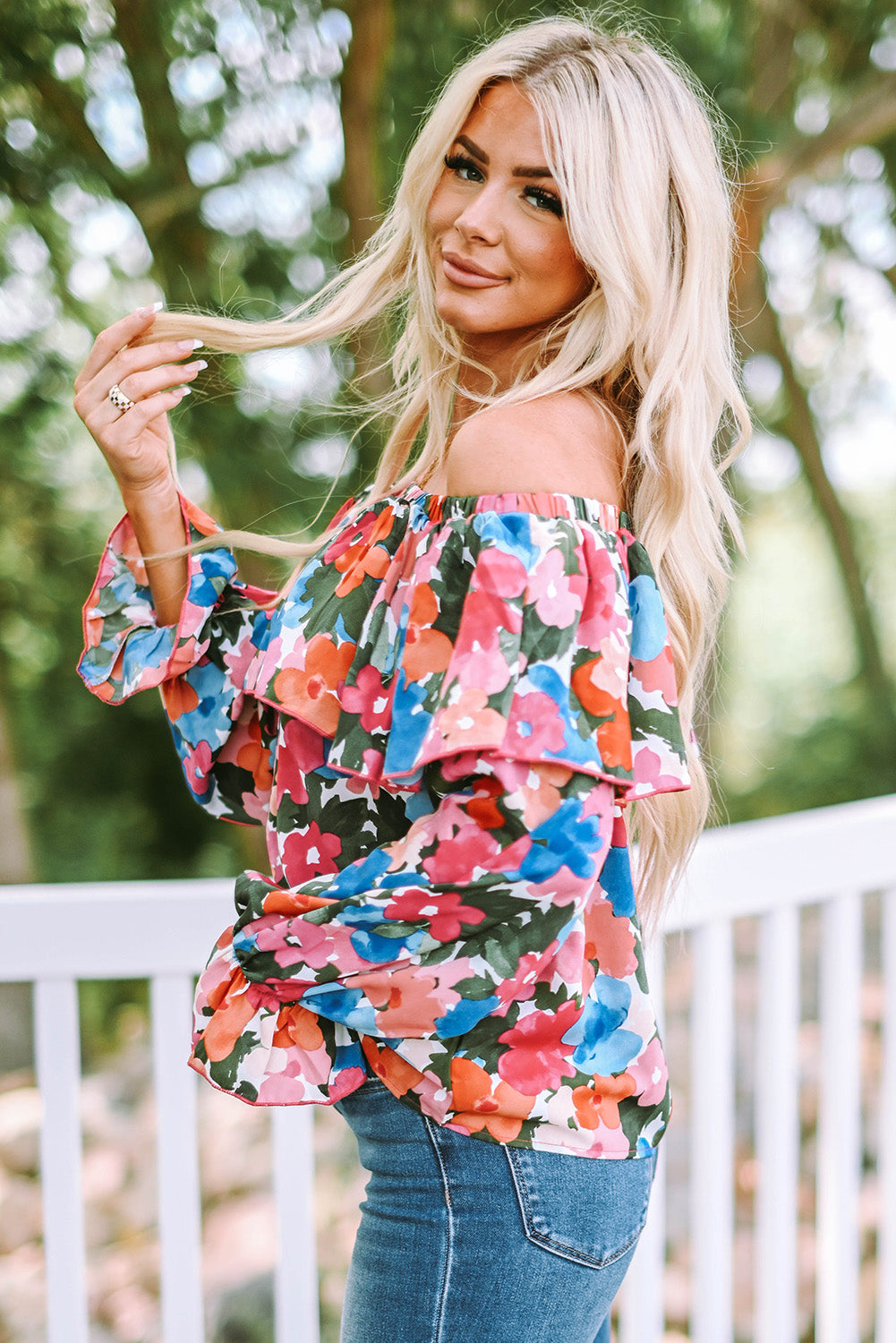 Bohemian Floral Ruffle Off Shoulder Blouse