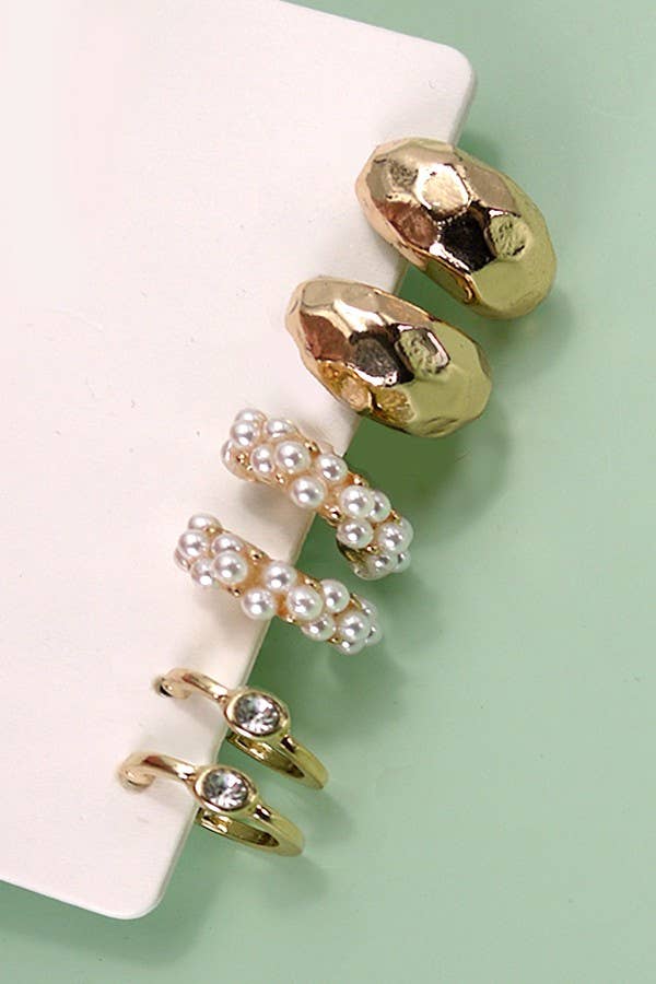 TRIO PEARL DIAMOND CUT HUGGIE HOOP EARRINGS | 80E3935: Gold