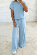 Mist Blue Loose Tee Drawstring Wide Leg Pants 2pcs Outfit